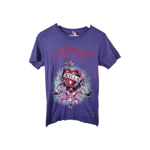 Ed Hardy Love Kills Slowly Men’s Small Purple Graphic Tee Y2K Tattoo Skull 2000s - Picture 1 of 8